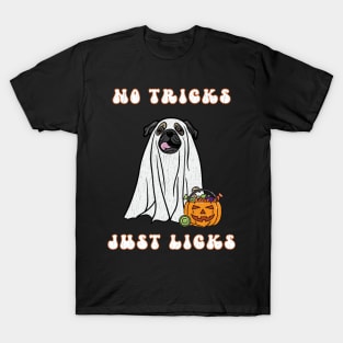 No Tricks Just Licks Halloween Pug Ghost Dog Funny Distressed Design T-Shirt